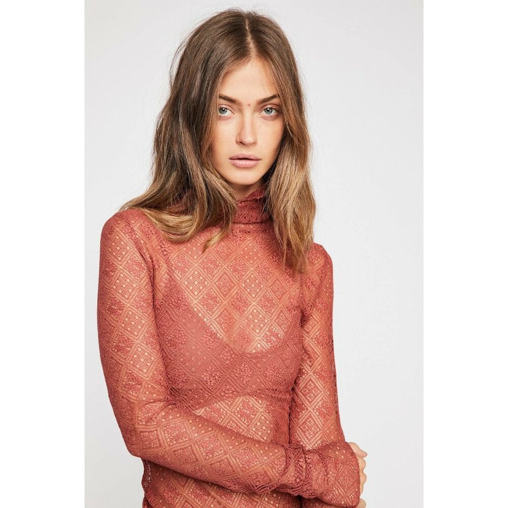 Free People Double Layer Tribeca Sweet Memories Lace Turtleneck Fitted Shirt